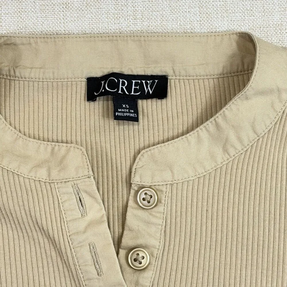 J.Crew Vintage Rib Puff Sleeve Henley Top Womens XS Tan Beige BQ896